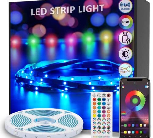 Striscia LED 5 Metri, Bluetooth RGB Smart Strisce LED 5M con Telecomando, App Controllato, Cambia Colore con la Musica, Luci LED Colorate per Casa, Decorazioni, Cucina, Bar, Festa