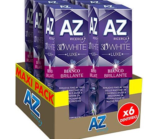 Dentifricio AZ 3D White Luxe con Azione Sbiancante Denti Professionale, per una Pulizia Denti Profonda e un Bianco Brillante, Maxi Formato da 6 unita X 75ml