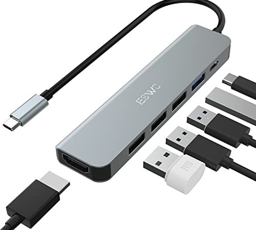 Hub USB C, JESWO 6 in 1 Alluminio Adattatore USB C HDMI 4K, 1 Porta USB 3.0 e 3 Porta USB 2.0, Ricarica PD 100W per Macbook Air/Pro, Laptop e altri dispositivi di Tipo C