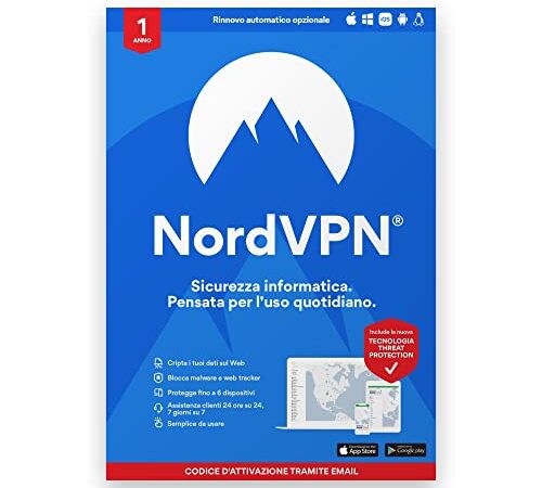 NordVPN Standard - Software di sicurezza informatica e VPN valido 1 anno | Blocca malware, link pericolosi e pubblicità | 1 Anno | Codice d'attivazione via email