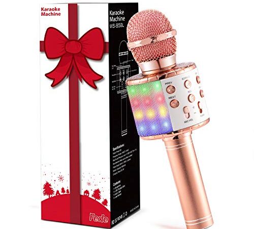Fede Microfono Karaoke Bluetooth Wireless per Bambini, Karaoke Portatile con Luci LED Multicolore per Cantare, Funzione Eco, Compatibile con Android/iOS, PC o smartphone